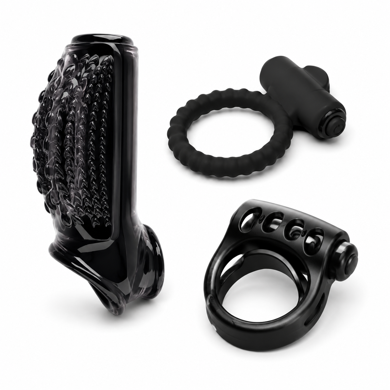 Cock Ring Discovery Trio with textured, silicone and black vibrating metal cock rings
