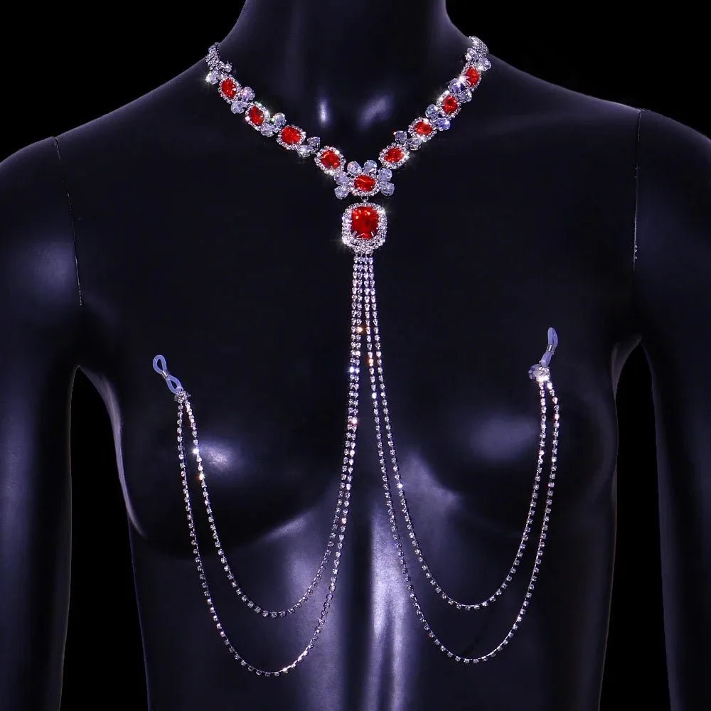 Packaging and accessories included with more style rhinestone red nipple chain non pierced body jewelry