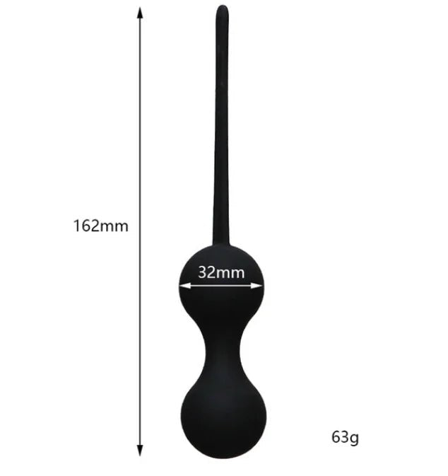 Kegel trainer showing attachment cord or retrieval string