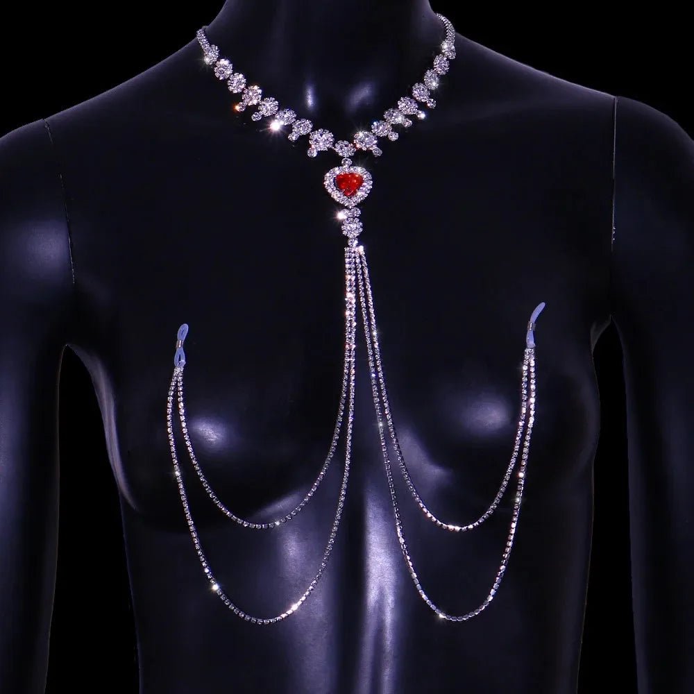 Product overview of more style rhinestone red nipple chain non pierced body jewelry from above