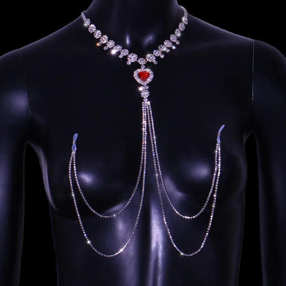Product overview of more style rhinestone red nipple chain non pierced body jewelry from above
