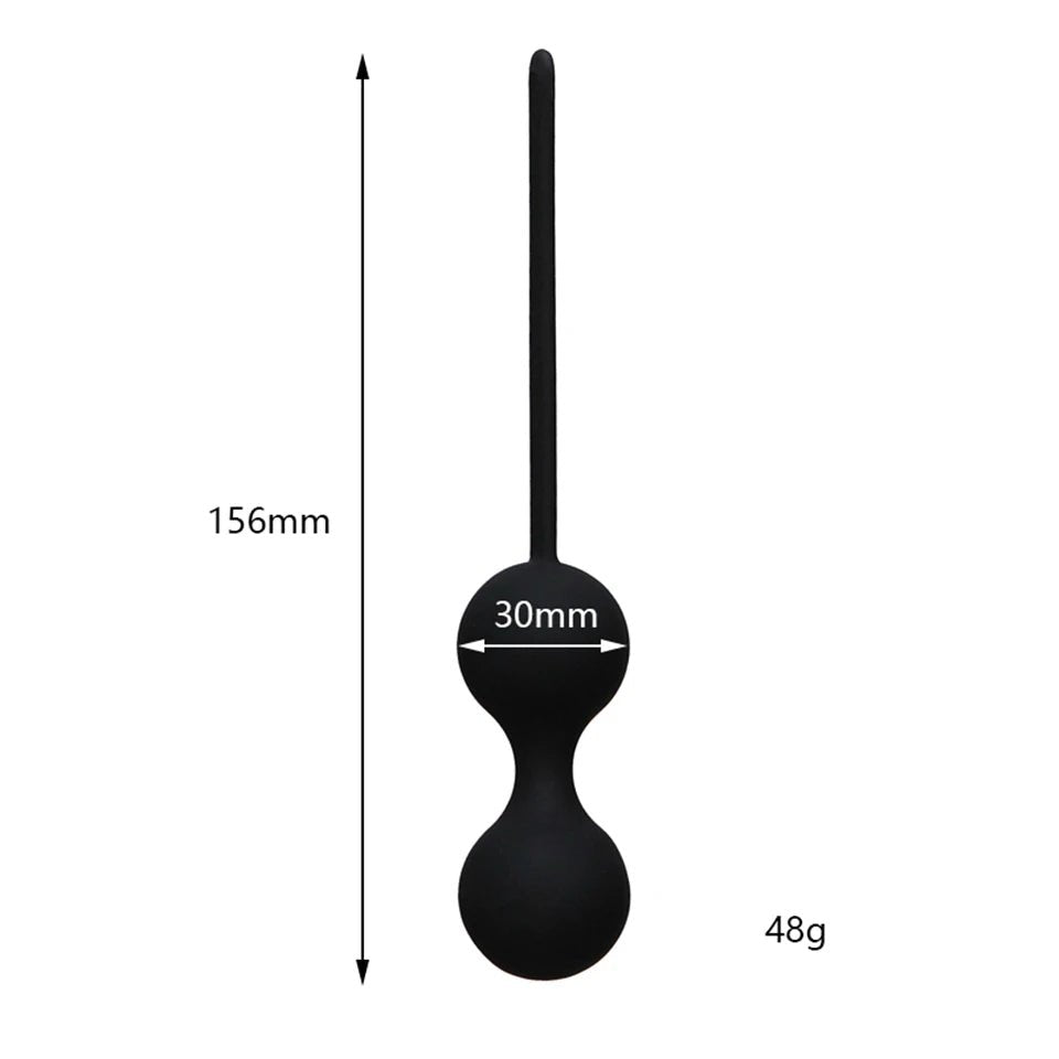 Kegel trainer showing attachment cord or retrieval string