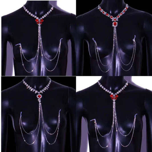 Front view of more style rhinestone red nipple chain non pierced body jewelry on white background