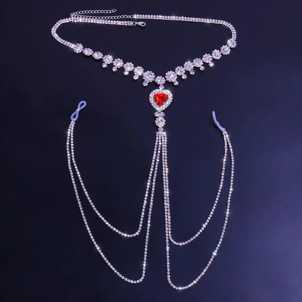 Rear or angled view of more style rhinestone red nipple chain non pierced body jewelry