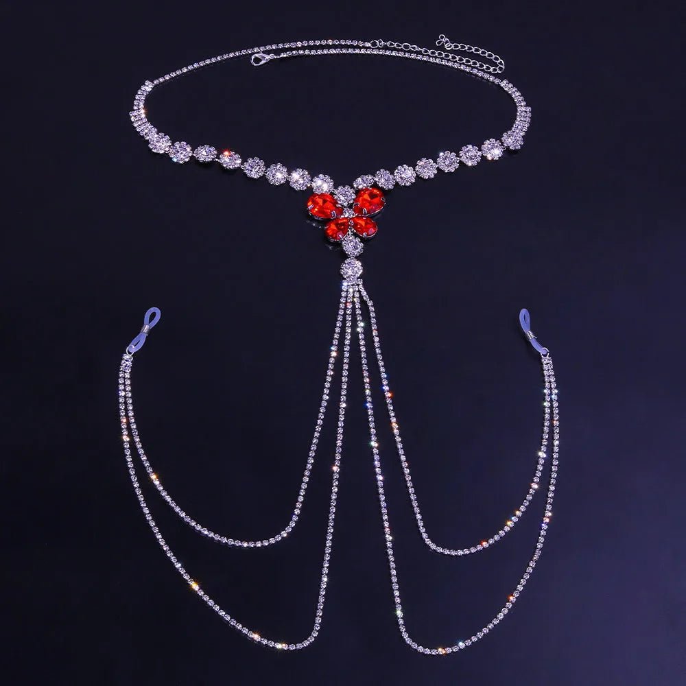 Side profile of more style rhinestone red nipple chain non pierced body jewelry showing shape and proportions