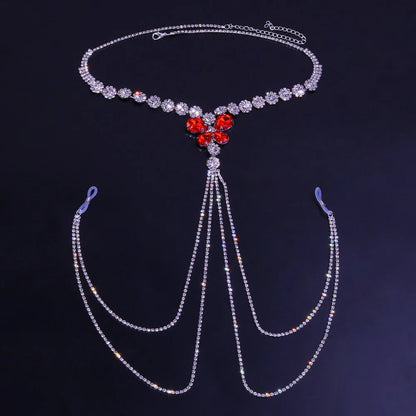 Side profile of more style rhinestone red nipple chain non pierced body jewelry showing shape and proportions