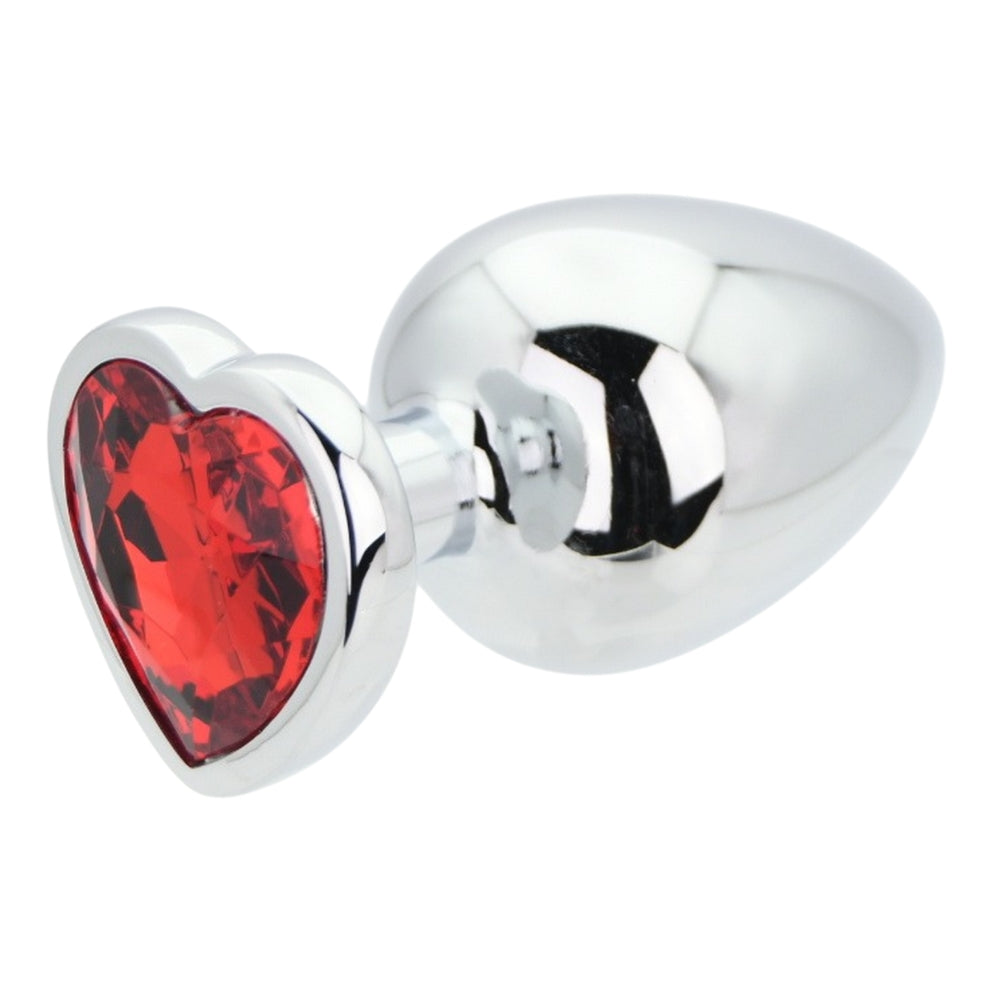 Toosh Heart Shaped Silver Butt Plug with Red Stone Large