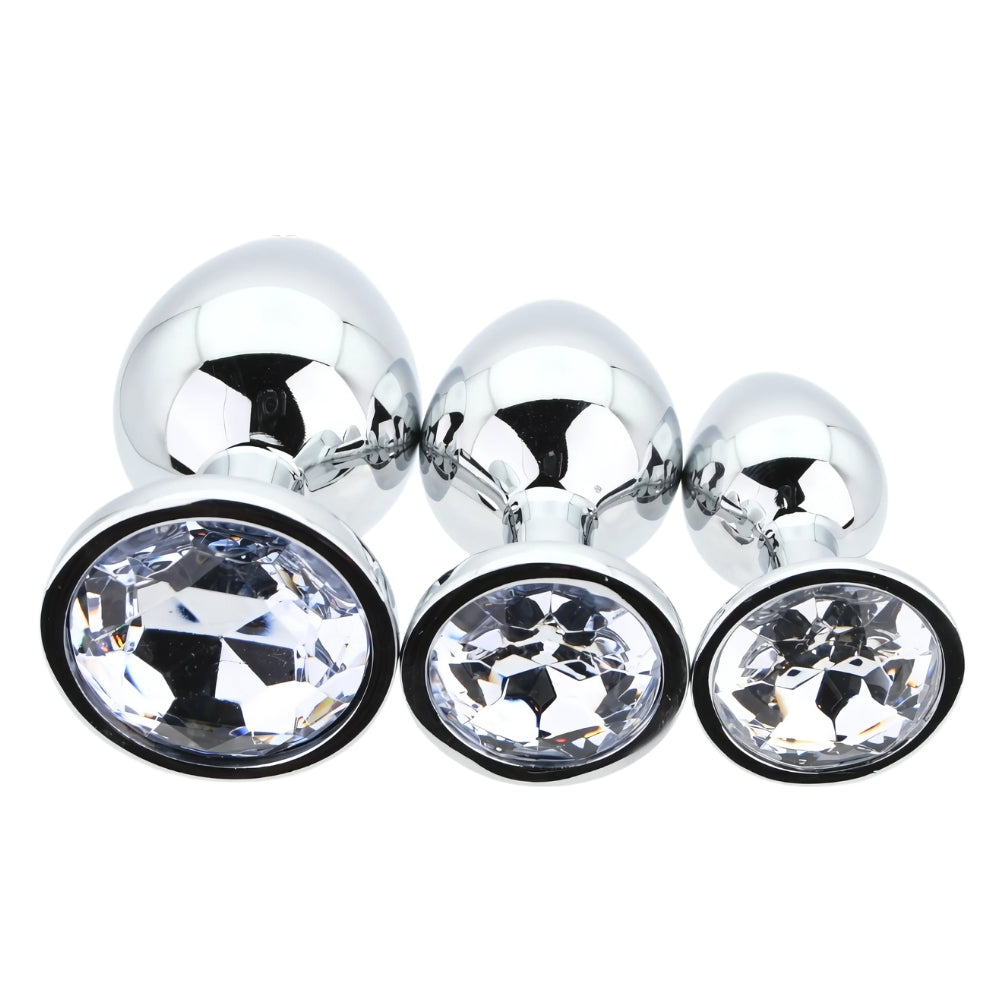 Toosh Metal Butt Plug Silver Set of 3 Clear Stone