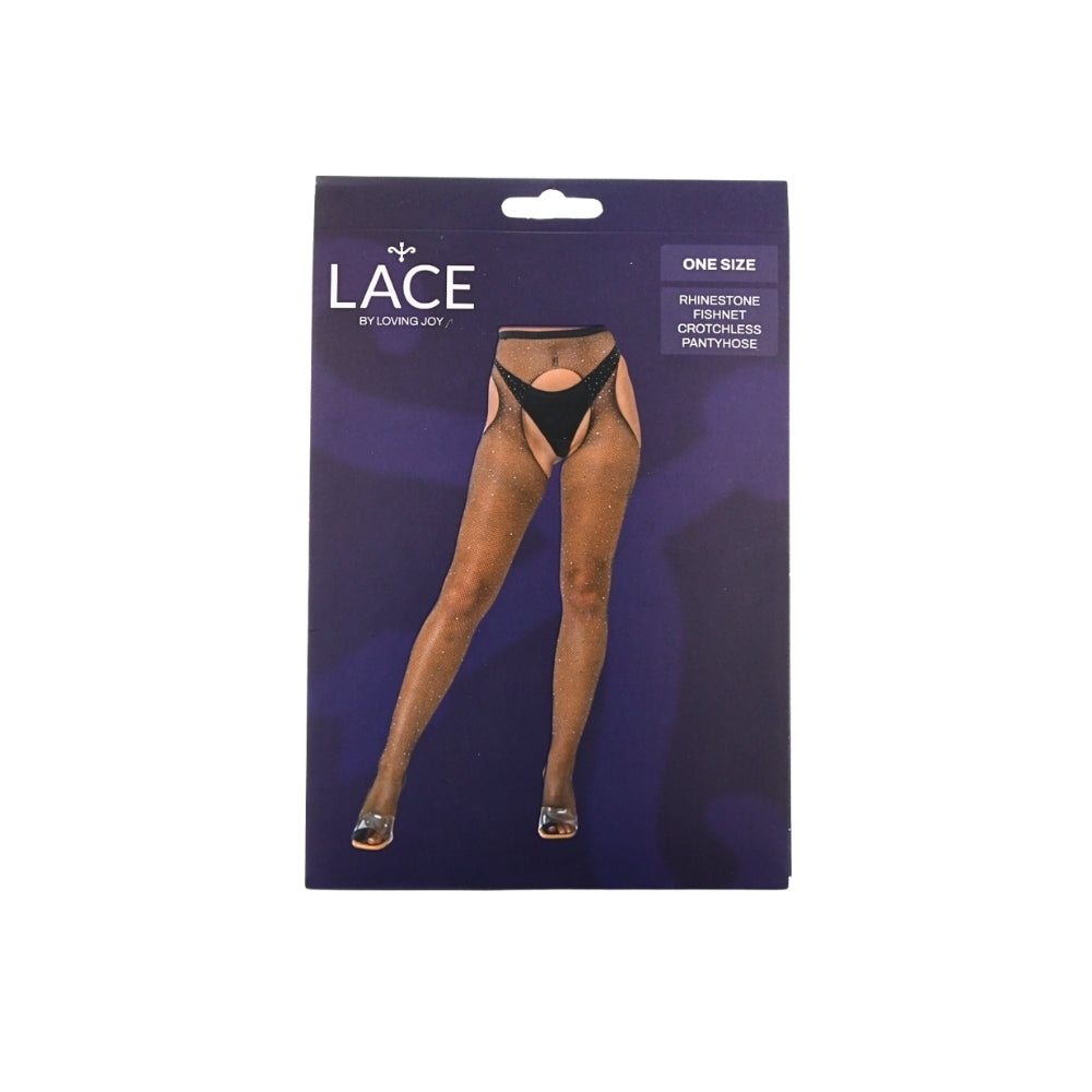 Lace by LJ Rhinestone Fishnet Crotchless Pantyhose Black