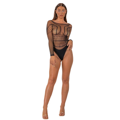 Lace by LJ Seamless Lace Long Sleeved Bodysuit Black