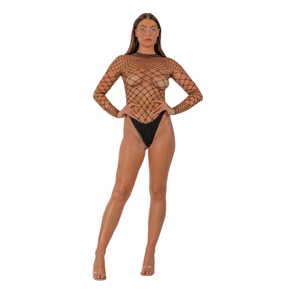 Lace by LJ Fence Net Long Sleeved Thong Bodysuit Black