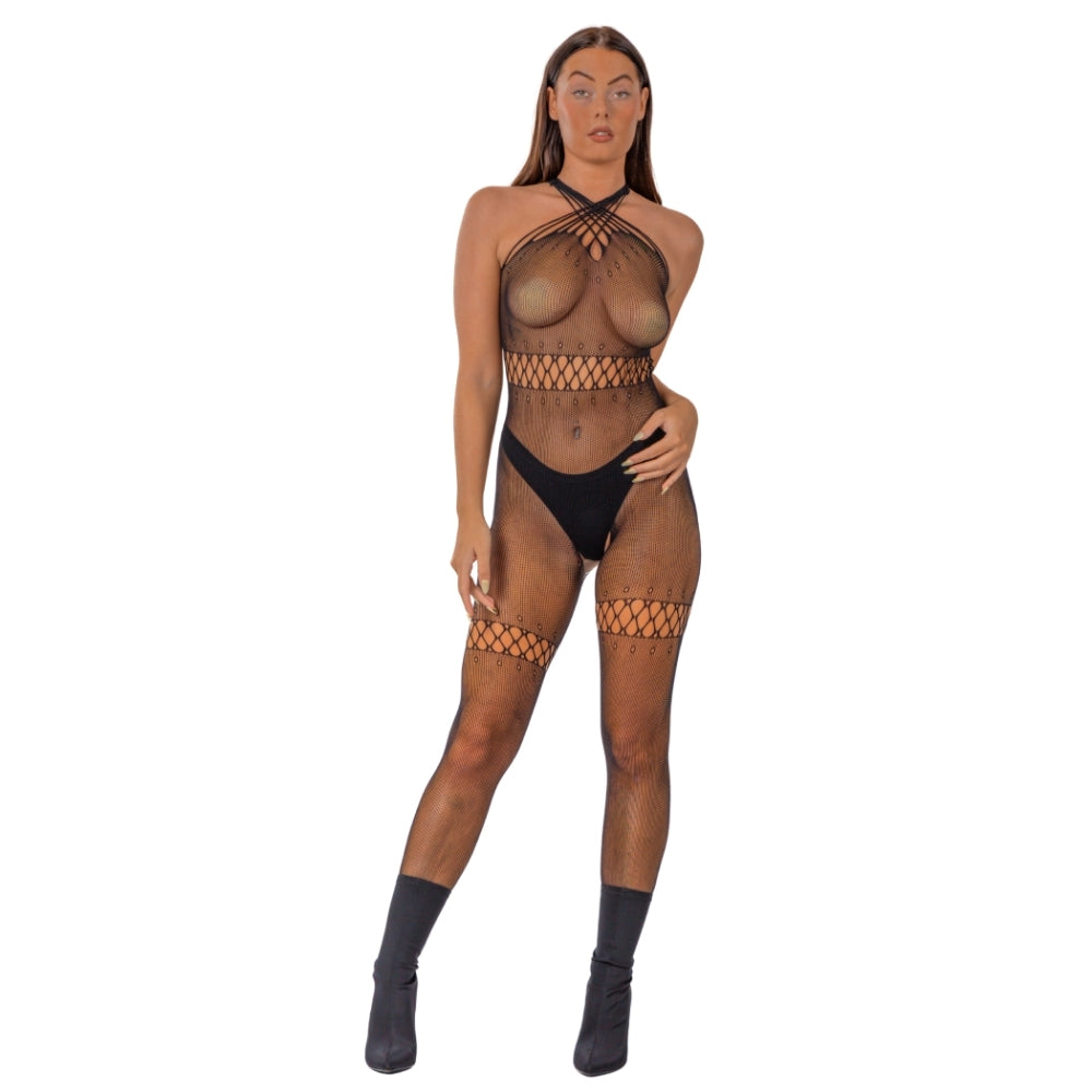 Lace by LJ Crossover Neck Crotchless Bodystocking