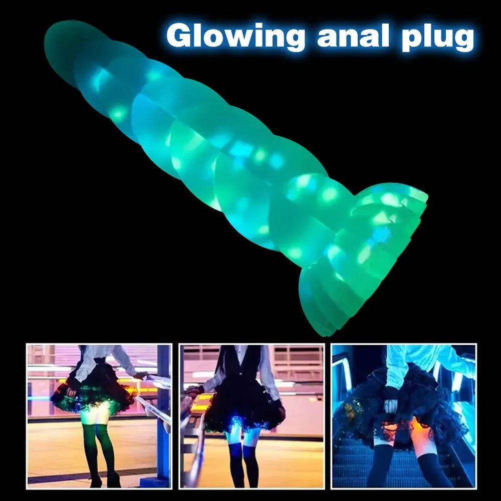 Size comparison of dark glowing toy for women with suction cup for pleasure with scale reference