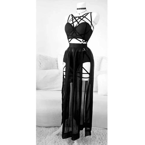 Front view of black three sets of straps dress with chest pads - chic style on white background