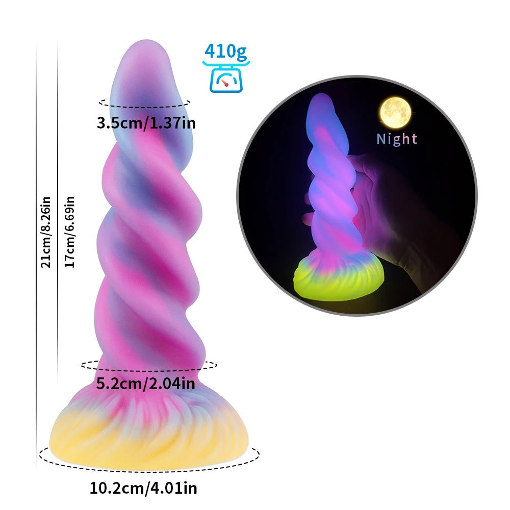 Packaging and accessories included with dark glowing toy for woman with suction cup fun play