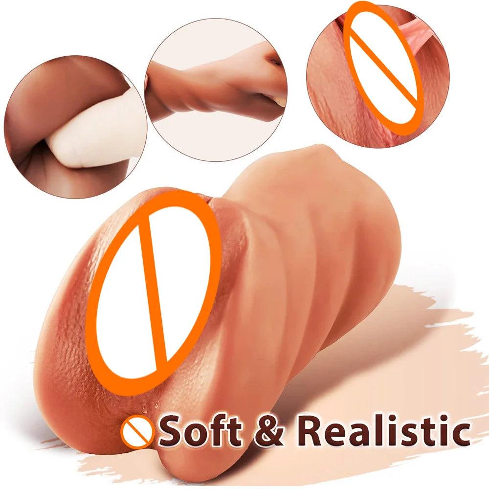 Close-up of material texture and finish on 3in1 realistic mouth & butt for ultimate male pleasure