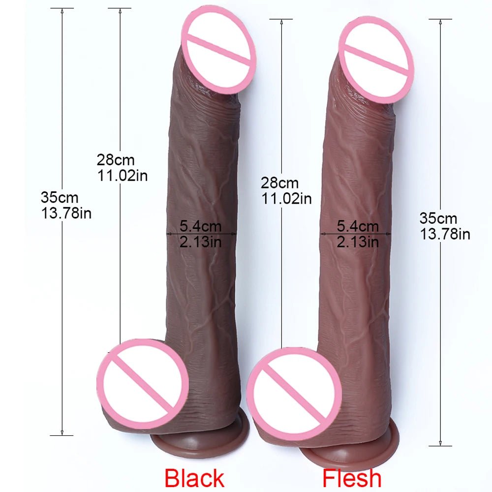 Side profile of 35cm realistic silicone toy black large pleasure tool showing shape and proportions