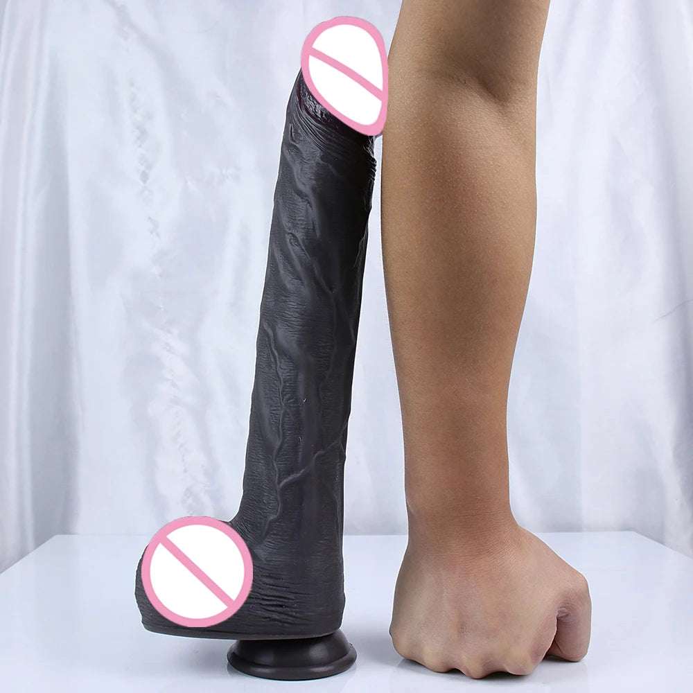 35CM Realistic Silicone Dildo Black Large intimate adult toy For Men Women With Thick Glans Real Dong Powerful Suction Cup Stiff Cock
