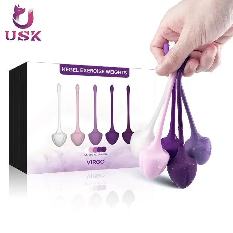 Kegel trainer showing attachment cord or retrieval string