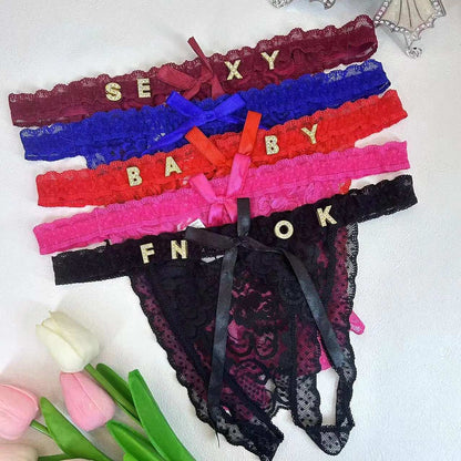 Custom Lace Bowknot Thong For Women Personality Crystal letter Underwear Customize Hotwife Sexy Lingerie Wife DIY Gifts Panties