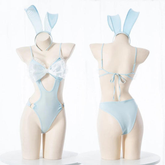 Front view of sexy lace bow bunny girl uniform role play outfits set on white background