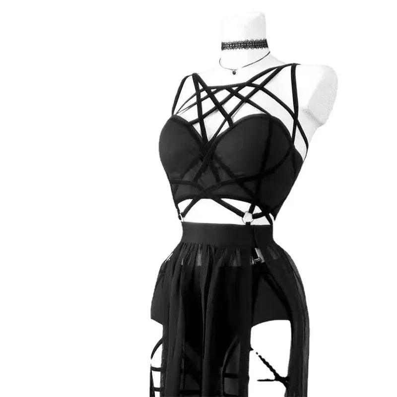 Colour and variant options available for black three sets of straps dress with chest pads - chic style