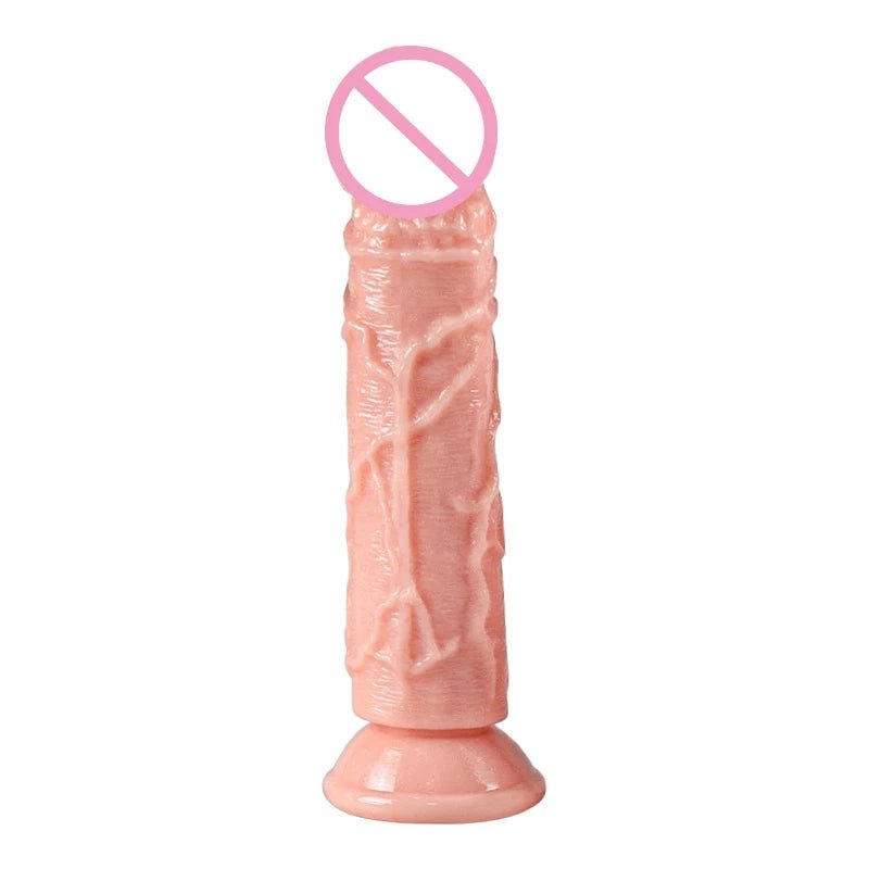 Rear or angled view of realistic skin feeling toys for women with suction cup
