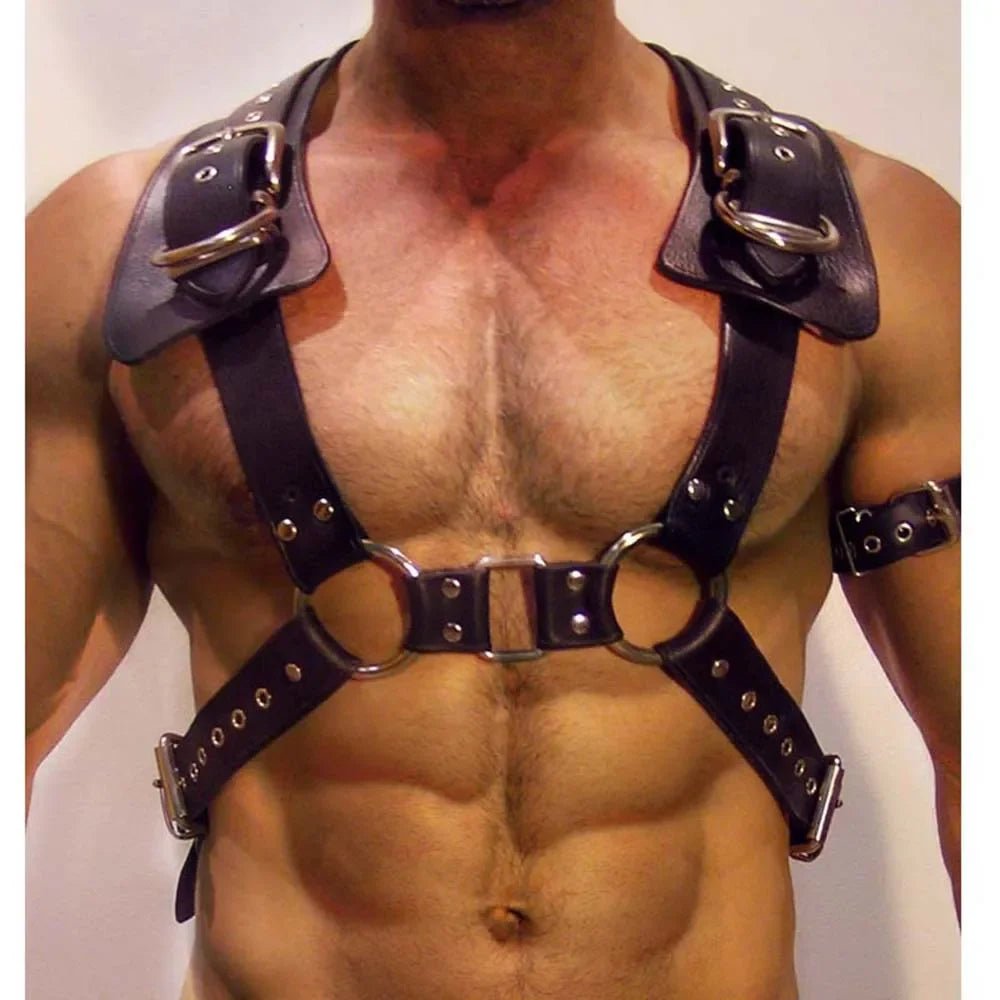 Side profile of sexy men faux leather chest harness with buckles and armors showing shape and proportions