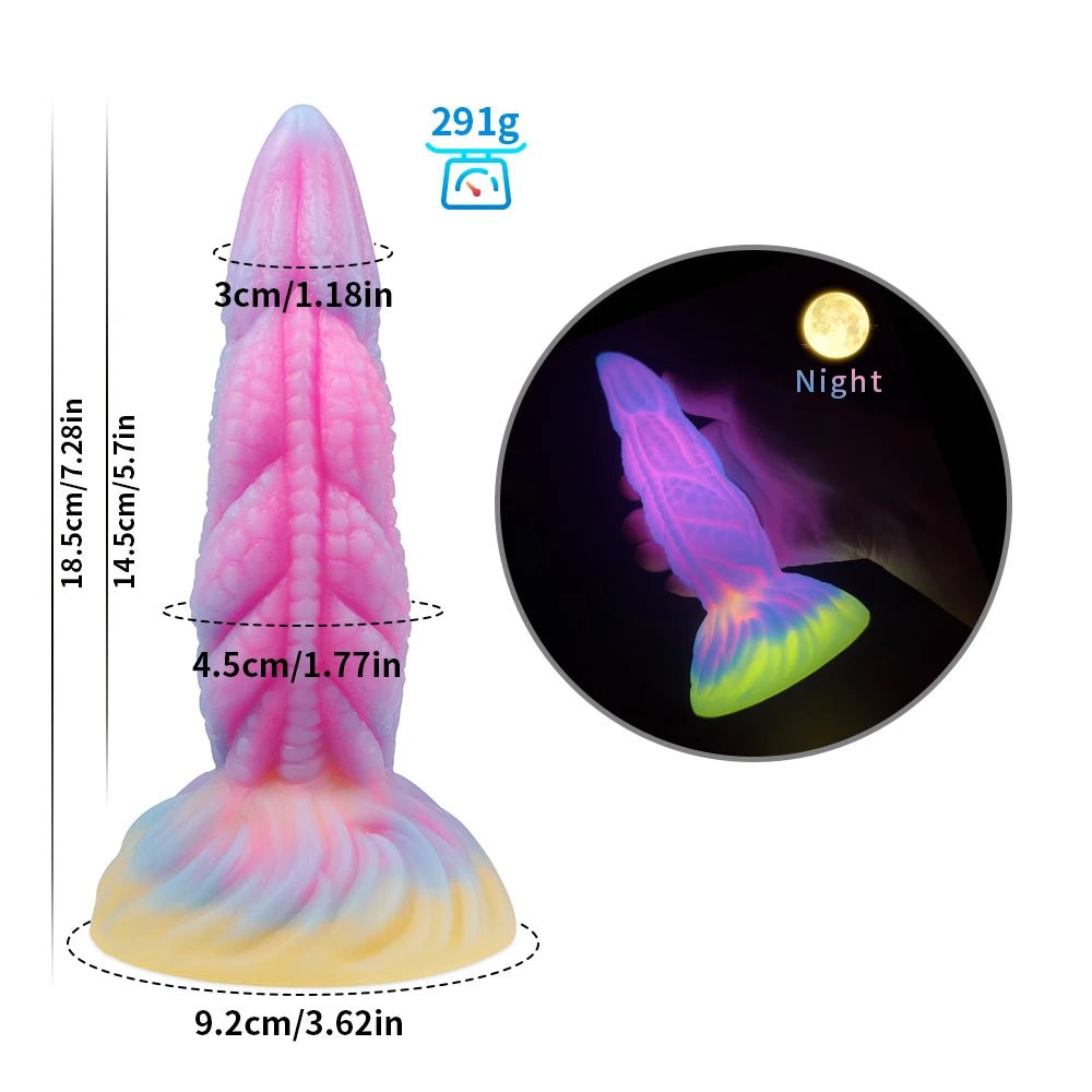 Product overview of dark glowing toy for woman with suction cup fun play from above