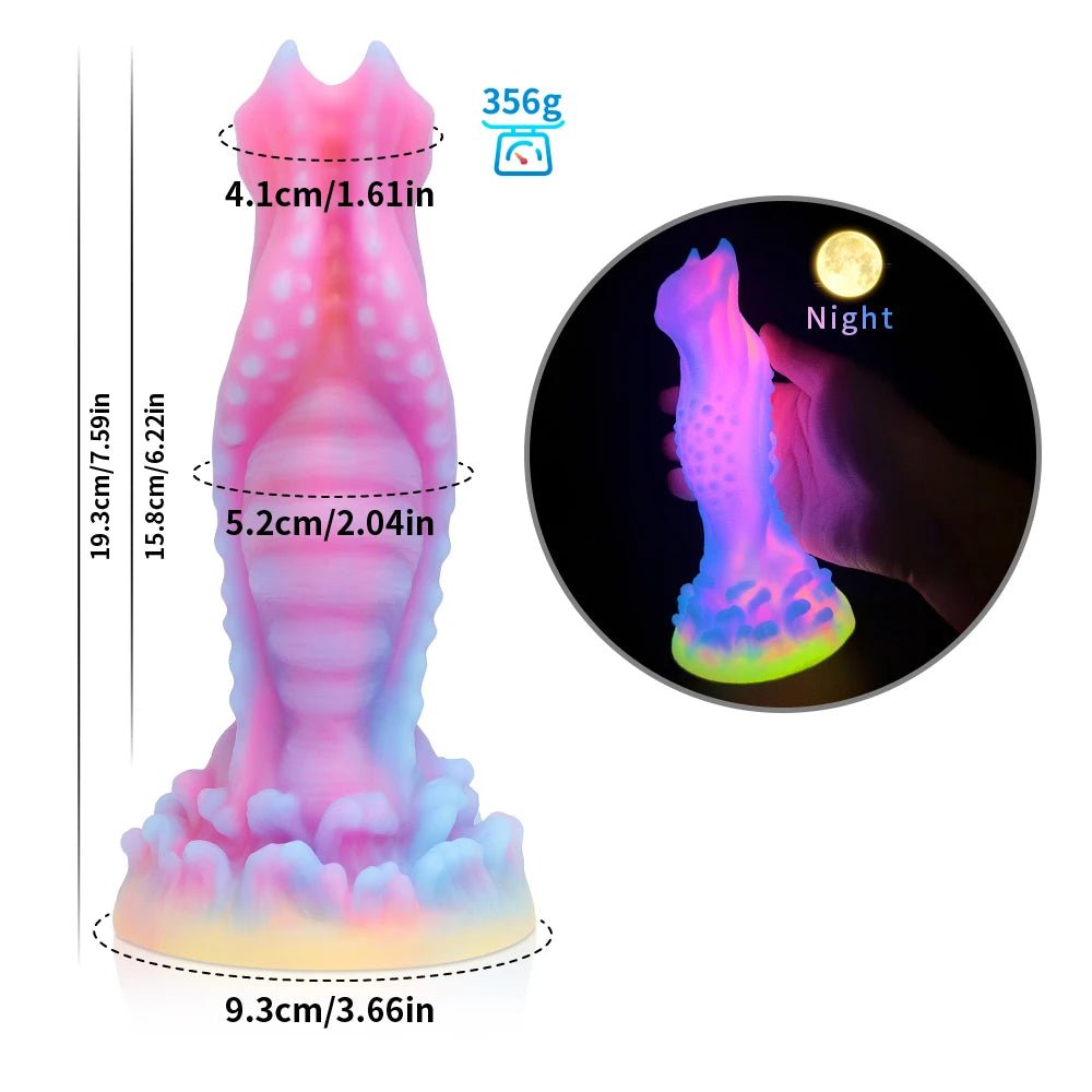 Measurement and dimensions of dark glowing toy for woman with suction cup fun play