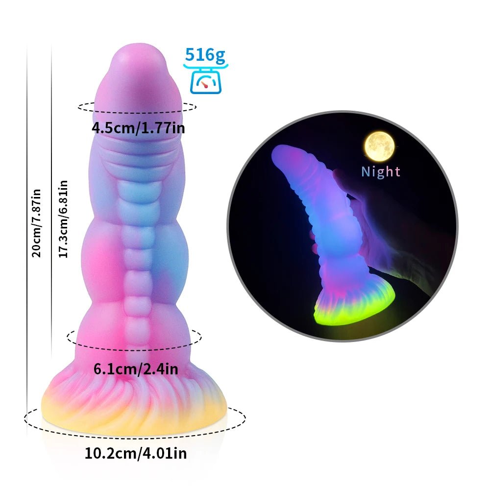 Multiple sizes of dark glowing toy for woman with suction cup fun play displayed together