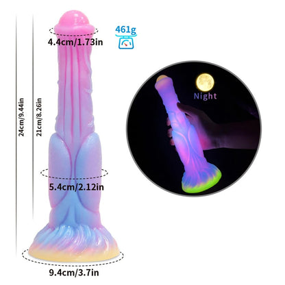 Multiple sizes of dark glowing toy for woman with suction cup fun play displayed together