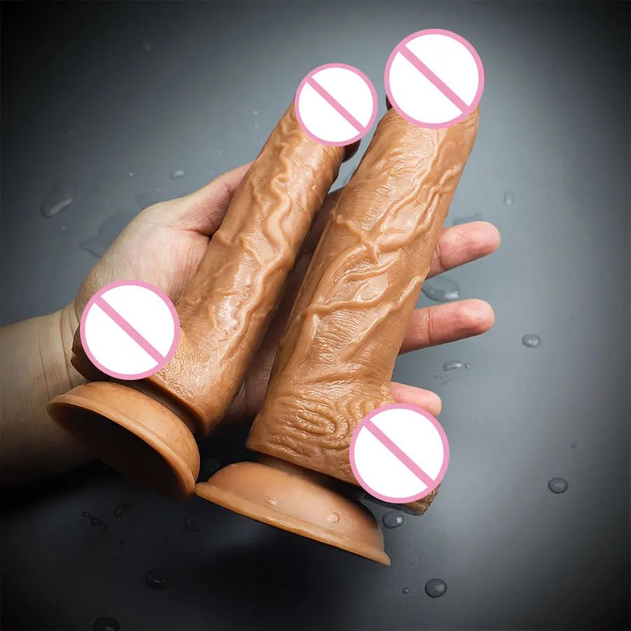 Front view of realistic huge toy for woman suction cup soft skin touch on white background