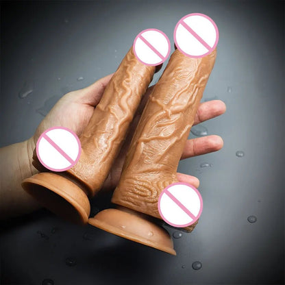 Front view of realistic huge toy for woman suction cup soft skin touch on white background