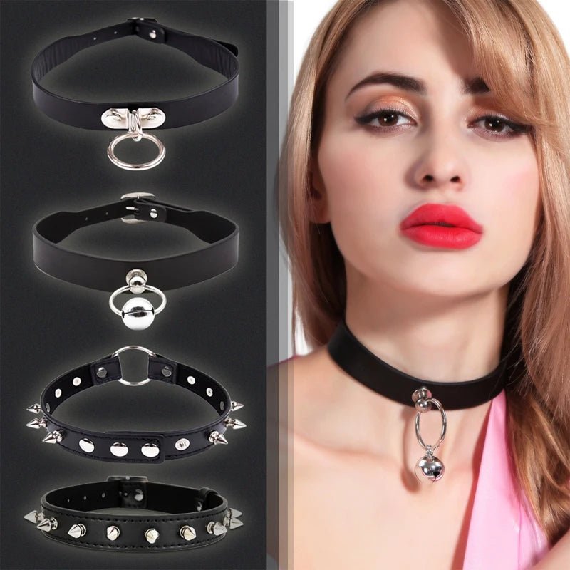 Close-up of material texture and finish on sexy leather punk rivets necklace for fetish role play gift