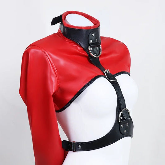 Women Black Red Sexy Open Breast Cupless Leather Bondage Strait Jacket