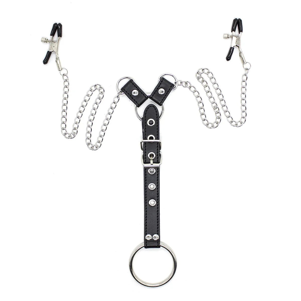 Sexy Pu Leather Cock Ring With Nipple Clamp Chain Sm Toys