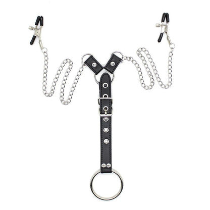 Sexy Pu Leather Cock Ring With Nipple Clamp Chain Sm Toys