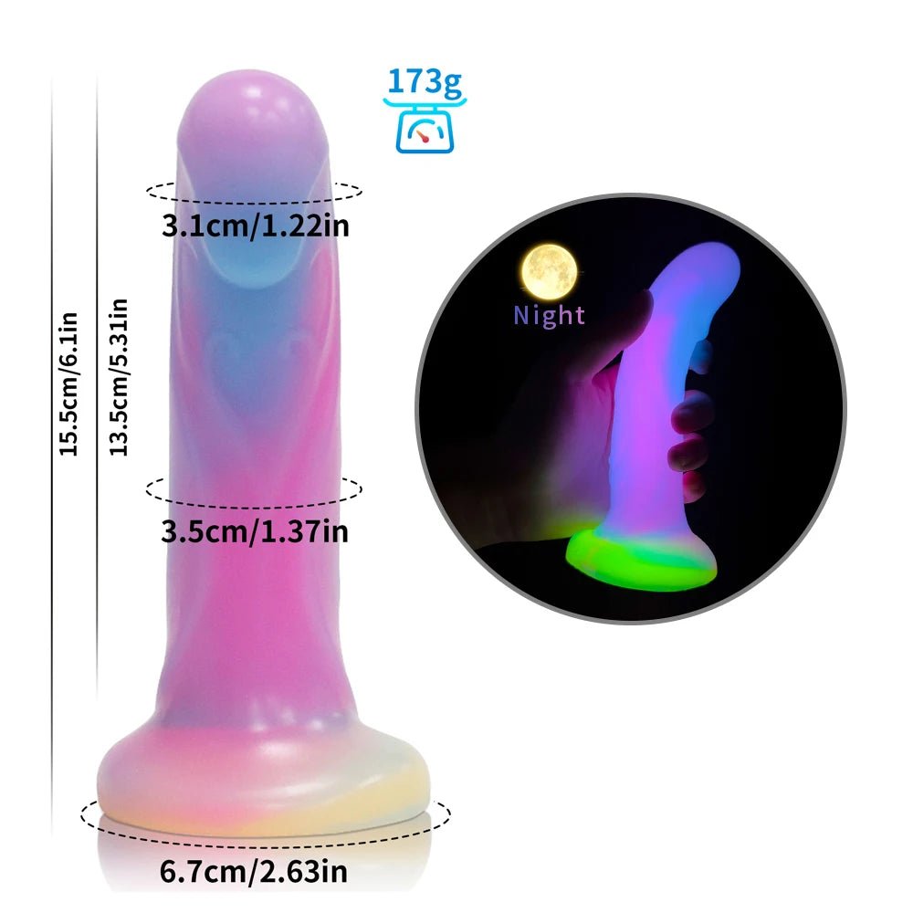 Size comparison of dark glowing toy for woman with suction cup fun play with scale reference