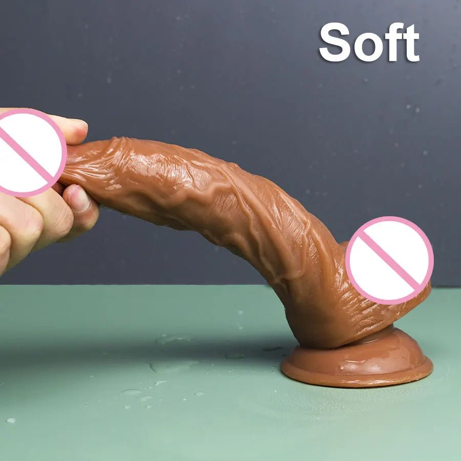 Side profile of realistic huge toy for woman suction cup soft skin touch showing shape and proportions