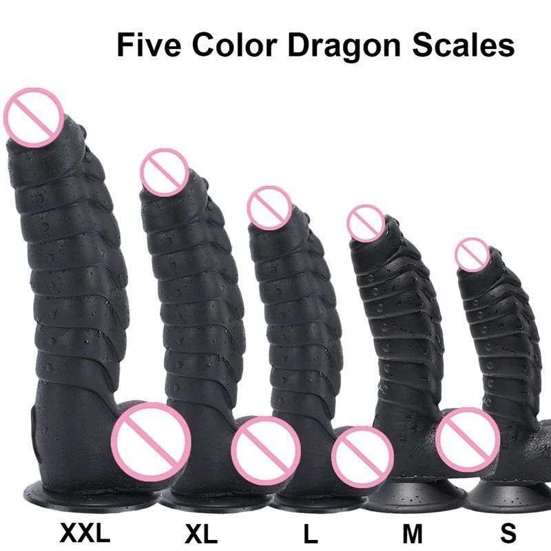 Front view of xxl huge realistic dragon scales with suction cup enjoyment on white background