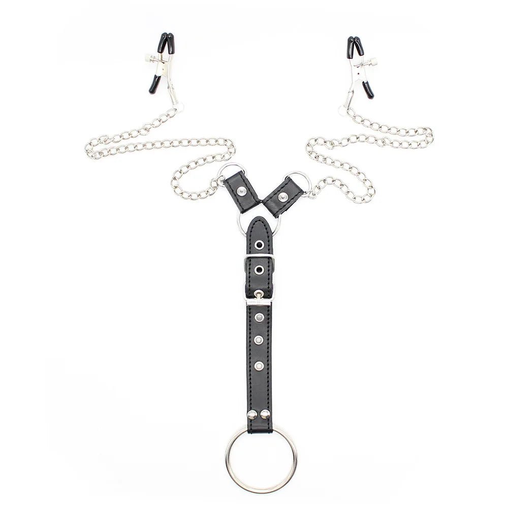 Sexy Pu Leather Cock Ring With Nipple Clamp Chain Sm Toys