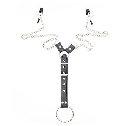 Sexy Pu Leather Cock Ring With Nipple Clamp Chain Sm Toys