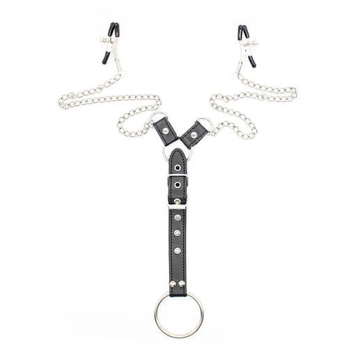 Sexy Pu Leather Cock Ring With Nipple Clamp Chain Sm Toys