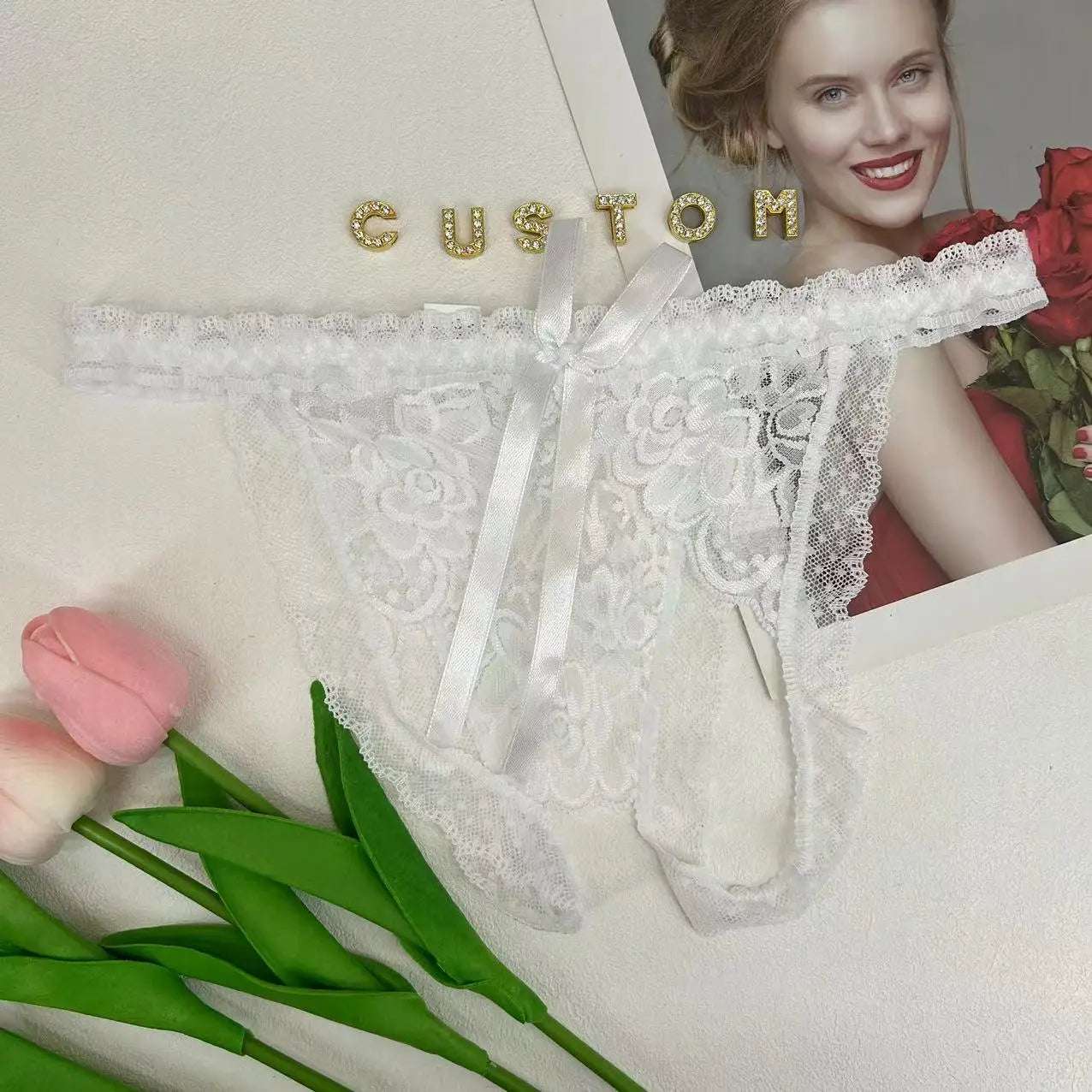 Custom Lace Bowknot Thong For Women Personality Crystal letter Underwear Customize Hotwife Sexy Lingerie Wife DIY Gifts Panties