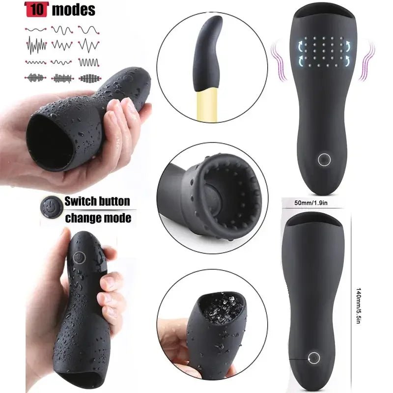 Rear or angled view of intimate mouth for blowjob with juice male pleasure toy
