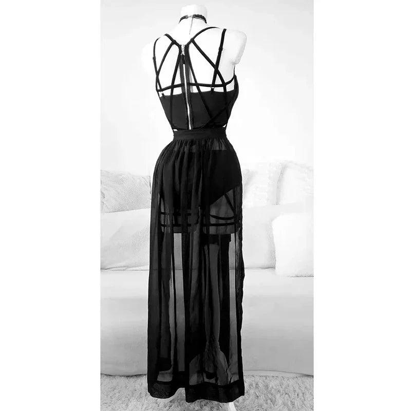 Close-up of material texture and finish on black three sets of straps dress with chest pads - chic style