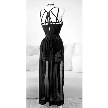 Close-up of material texture and finish on black three sets of straps dress with chest pads - chic style