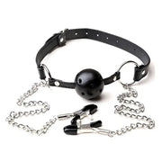 Ball Gag with Chain-Linked Nipple Clamps