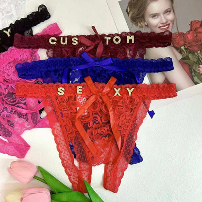 Custom Lace Bowknot Thong For Women Personality Crystal letter Underwear Customize Hotwife Sexy Lingerie Wife DIY Gifts Panties